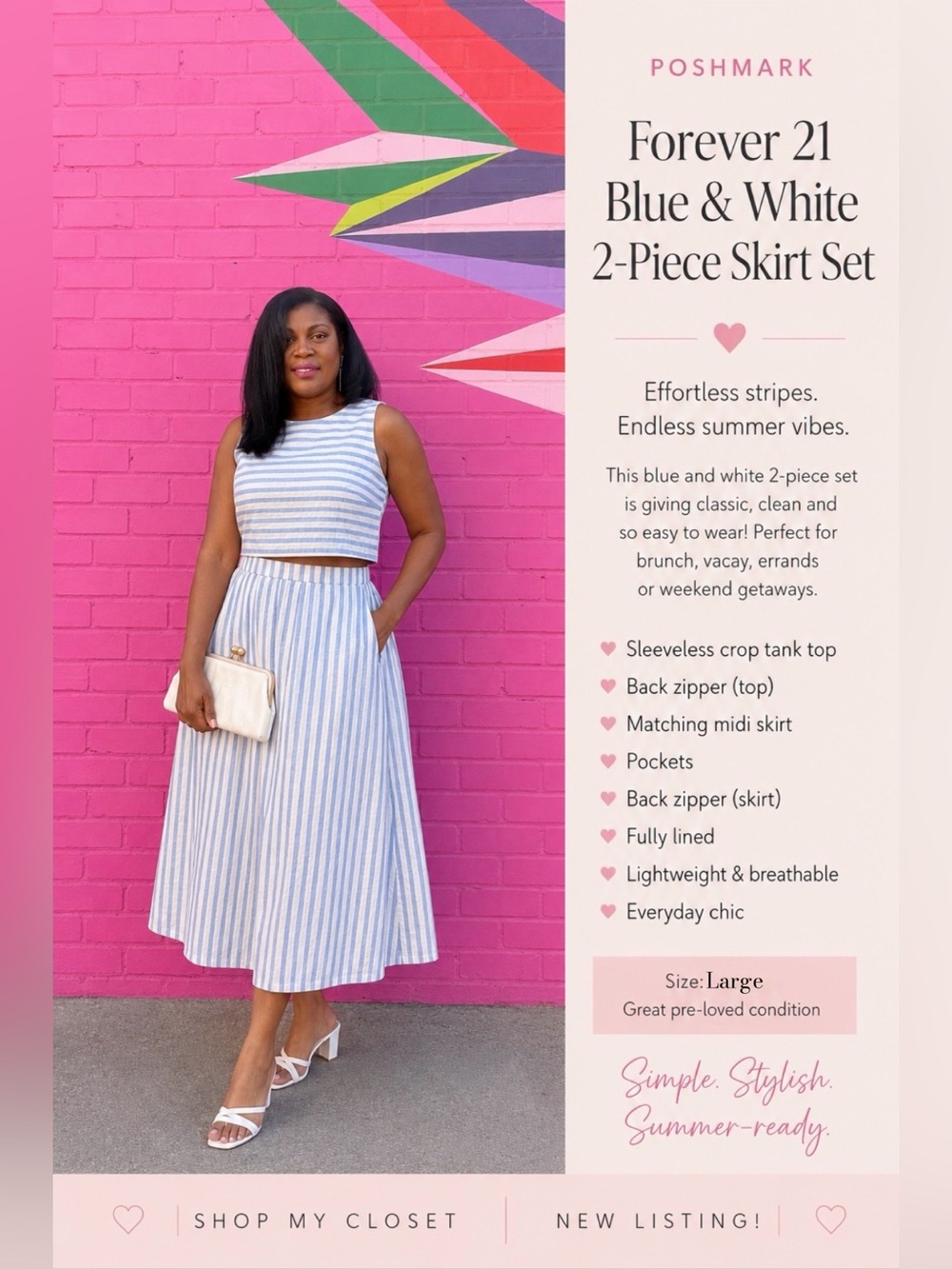 Forever 21 Blue & White Striped Two-Piece Midi Skirt Set